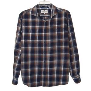 Larsson & Co Men’s Navy Brown Flannel Plaid Long Sleeve Cotton Shirt Size M